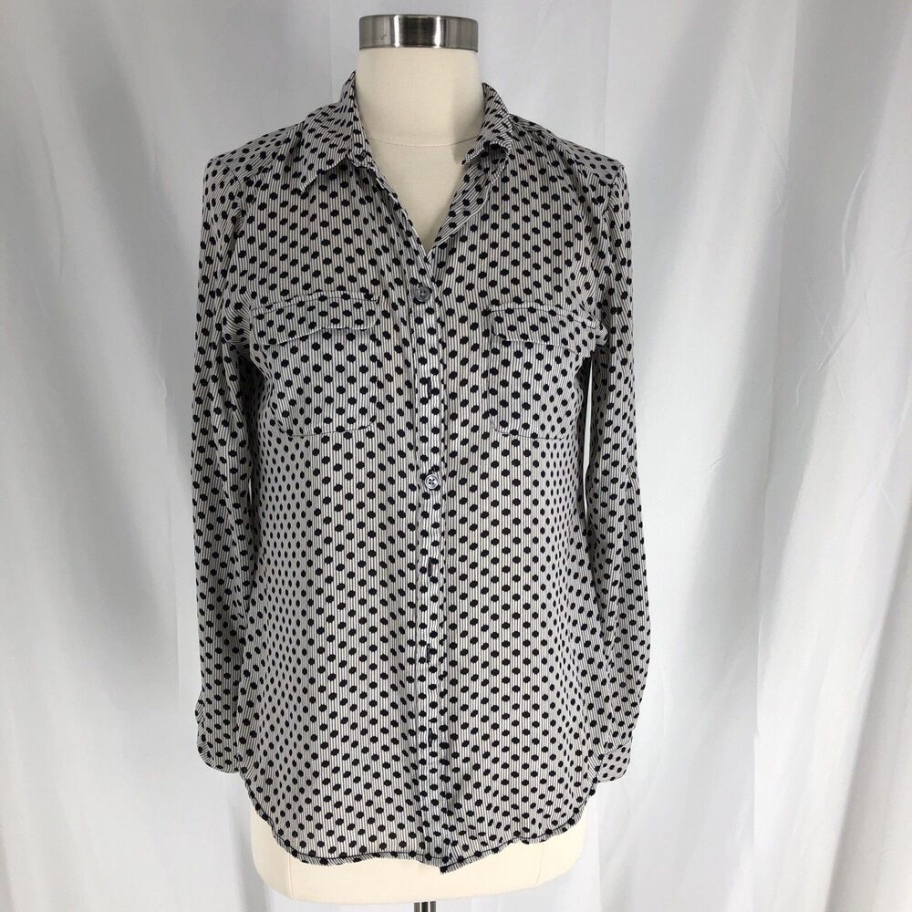 LOFT White Black Polka Dot Career Office Utility Button Front Blouse Small